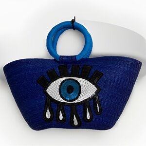 Evil Eye Sequin Patch Blue Market Straw Tote Bag Boho Cute Eccentric